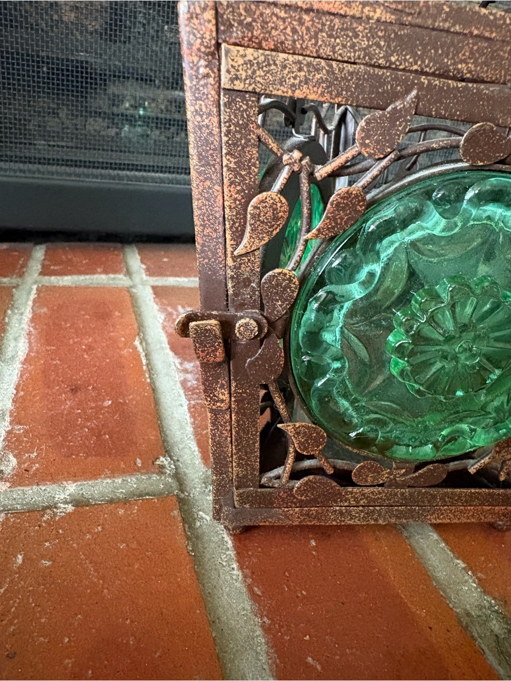 Retired PartyLite La Rosetta hanging lantern Metal & Green Glass Rustic Floral - Picture 4 of 11